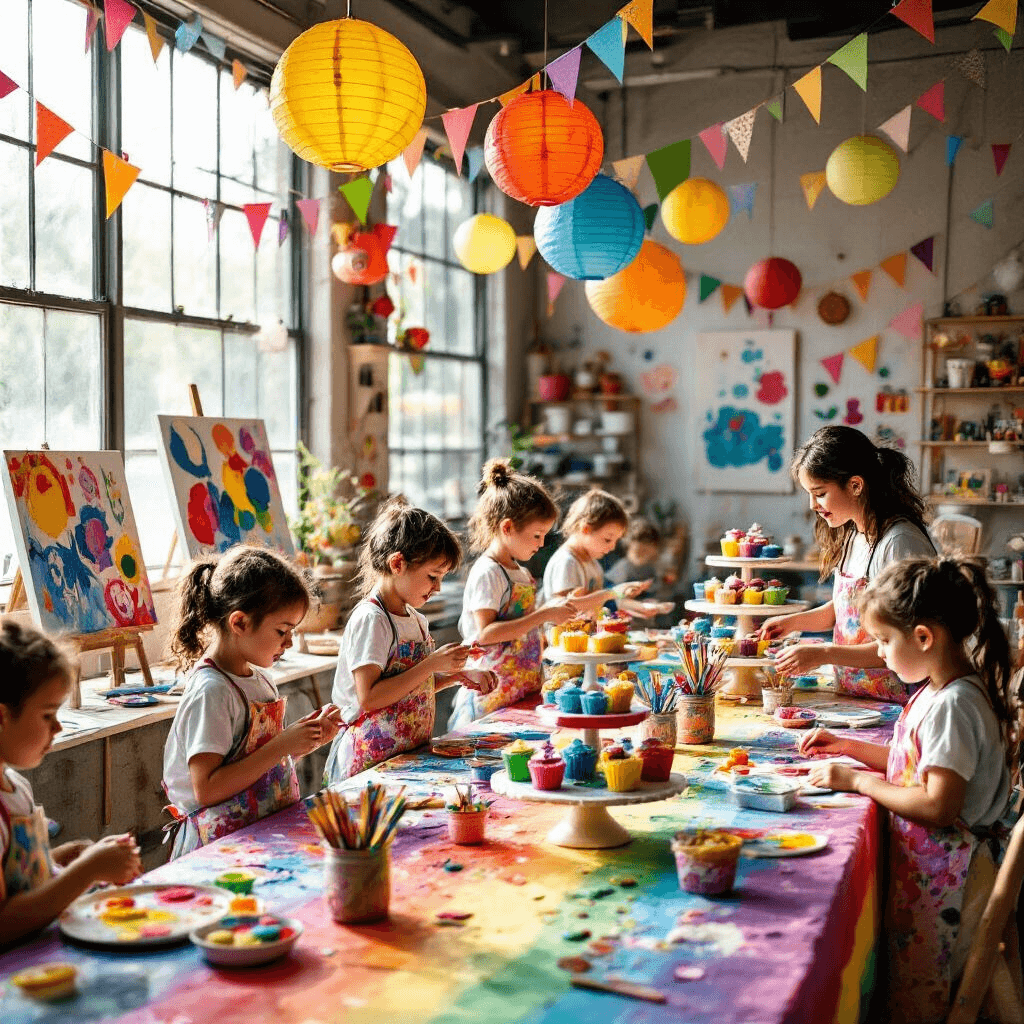 A vibrant birthday celebration at Messy Art Lab, featuring children in paint-splattered smocks creating art at colorful stations, sunlight streaming through windows, floating paper lanterns, a rainbow tablecloth with cupcakes, and jars of art supplies, embodying joyful chaos and creativity.