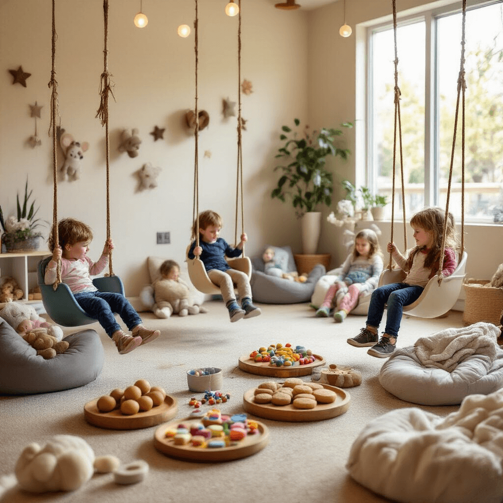 An inclusive birthday party at Swings and Wings, featuring soft colors and gentle lighting, adaptive swings, a cozy reading nook with bean bags, allergen-free treats on wooden platters, and sensory toys thoughtfully placed, creating a warm and welcoming atmosphere for children of various abilities.