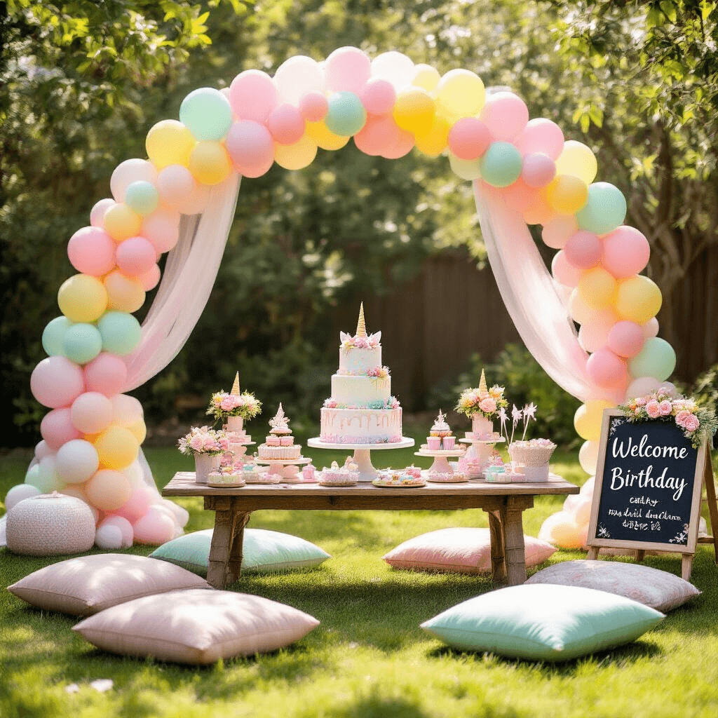 A whimsical children's birthday party setup in a sunlit backyard featuring a pastel balloon arch, a rustic wooden table with a tiered unicorn cake and rainbow cupcakes, soft tulle streamers, a custom chalkboard sign, plush floor pillows, and low tables decorated with flower crowns and magical wands, all in a dreamy, ethereal atmosphere.