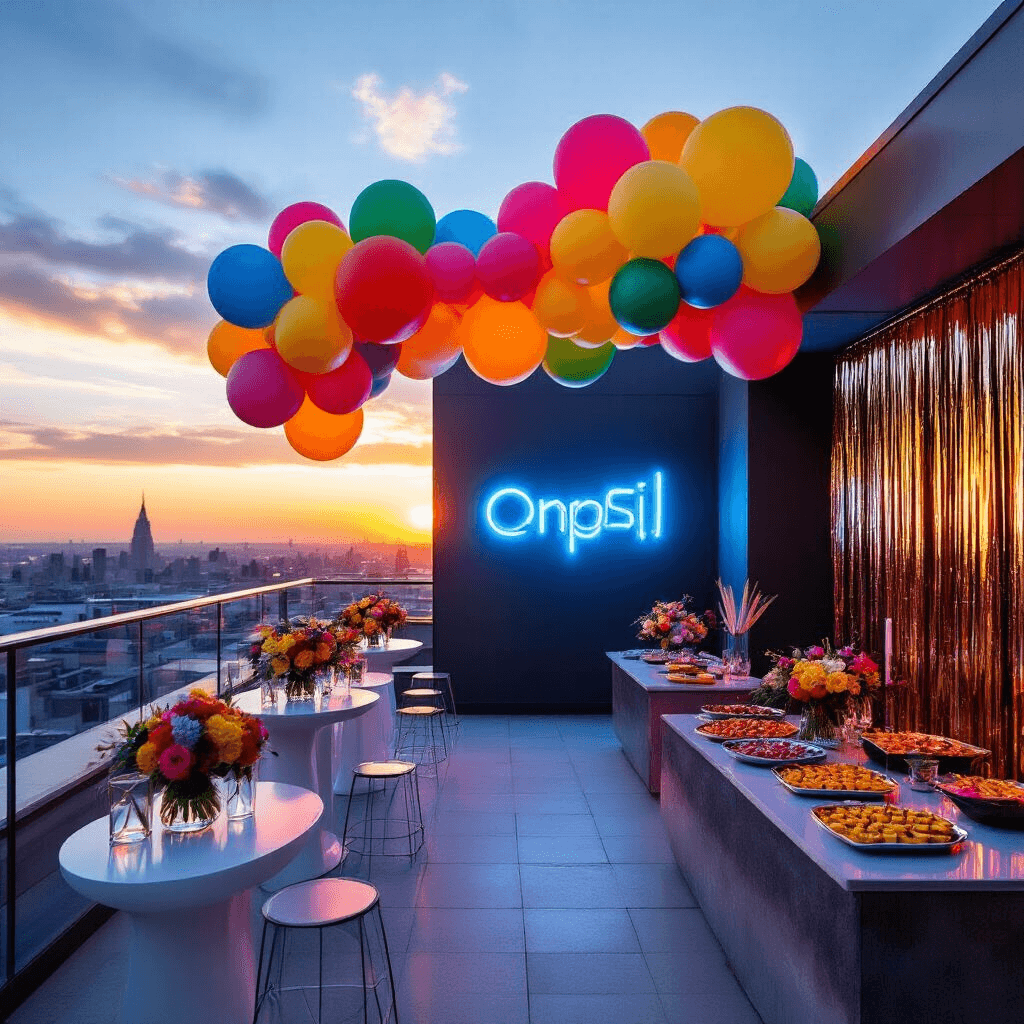 A stylish rooftop terrace is set for a corporate launch party, featuring a vibrant balloon installation, high-top tables with minimalist floral arrangements, a glowing neon company logo, colorful hors d'oeuvres, and a photo booth area with confetti-filled balloons, all against a sunset cityscape.