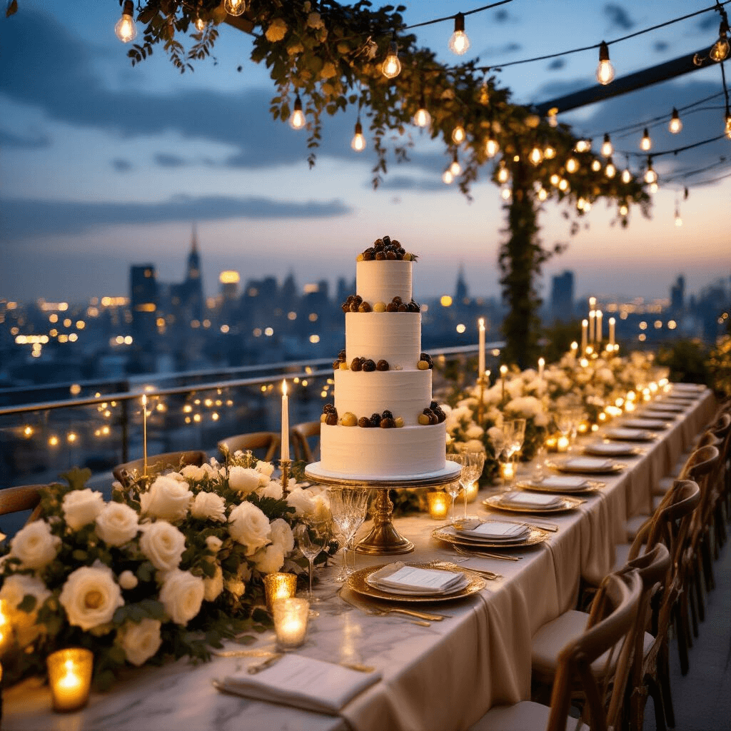 An elegant rooftop soirée features champagne silk-draped tables with white rose centerpieces, illuminated by fairy lights and Edison bulbs, alongside a marble dessert cart showcasing a towering naked cake, all set against a twinkling cityscape for a sophisticated birthday celebration.