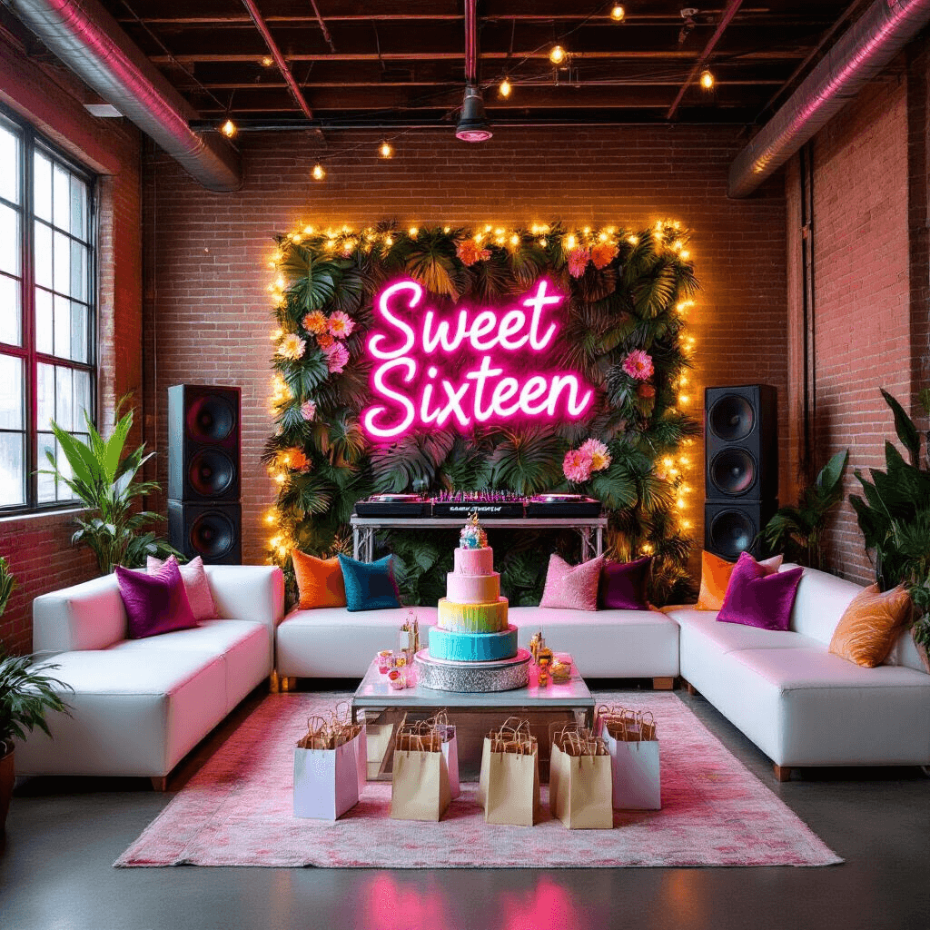 A vibrant teen's birthday party in a modern loft, featuring a neon 'Sweet Sixteen' sign, a tropical-themed photo wall, sleek white lounge furniture with jewel-toned pillows, a DJ booth with fairy-lit speakers, metallic balloons spelling 'SLAY', and a decorated table with personalized favors and a three-tiered ombré cake, captured from a low angle to emphasize the high ceilings.