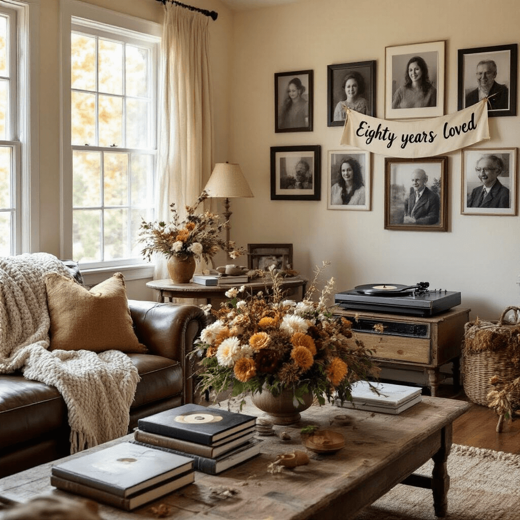 An intimate living room scene for a milestone birthday, featuring soft cream walls, a gallery of black and white family photos, a cozy leather armchair with a chunky knit throw, a rustic side table with a vintage record player, and a coffee table adorned with a floral centerpiece in muted fall tones, leather-bound photo albums, and a homemade 'Eighty Years Loved' banner, all illuminated by warm lamplight and golden afternoon light streaming through sheer curtains.