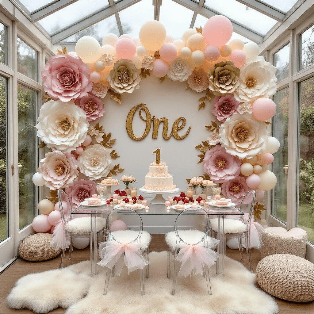 A whimsical first birthday celebration in a conservatory, featuring a wall of oversized paper flowers, a low acrylic table with tiny ghost chairs and tulle bows, a 'ONE' cake topper, macarons, fresh strawberries, pastel balloons, and soft floor cushions, all bathed in natural light.