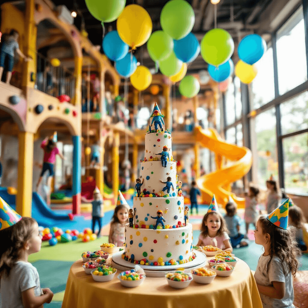 A vibrant indoor birthday party scene featuring a multi-level play structure with climbing walls and slides, illuminated by natural light. Children in colorful party hats are joyfully playing, while a beautifully styled dessert table with a towering cake and miniature climbing figures is in focus. Helium balloons in bright colors float above, adding to the festive atmosphere.