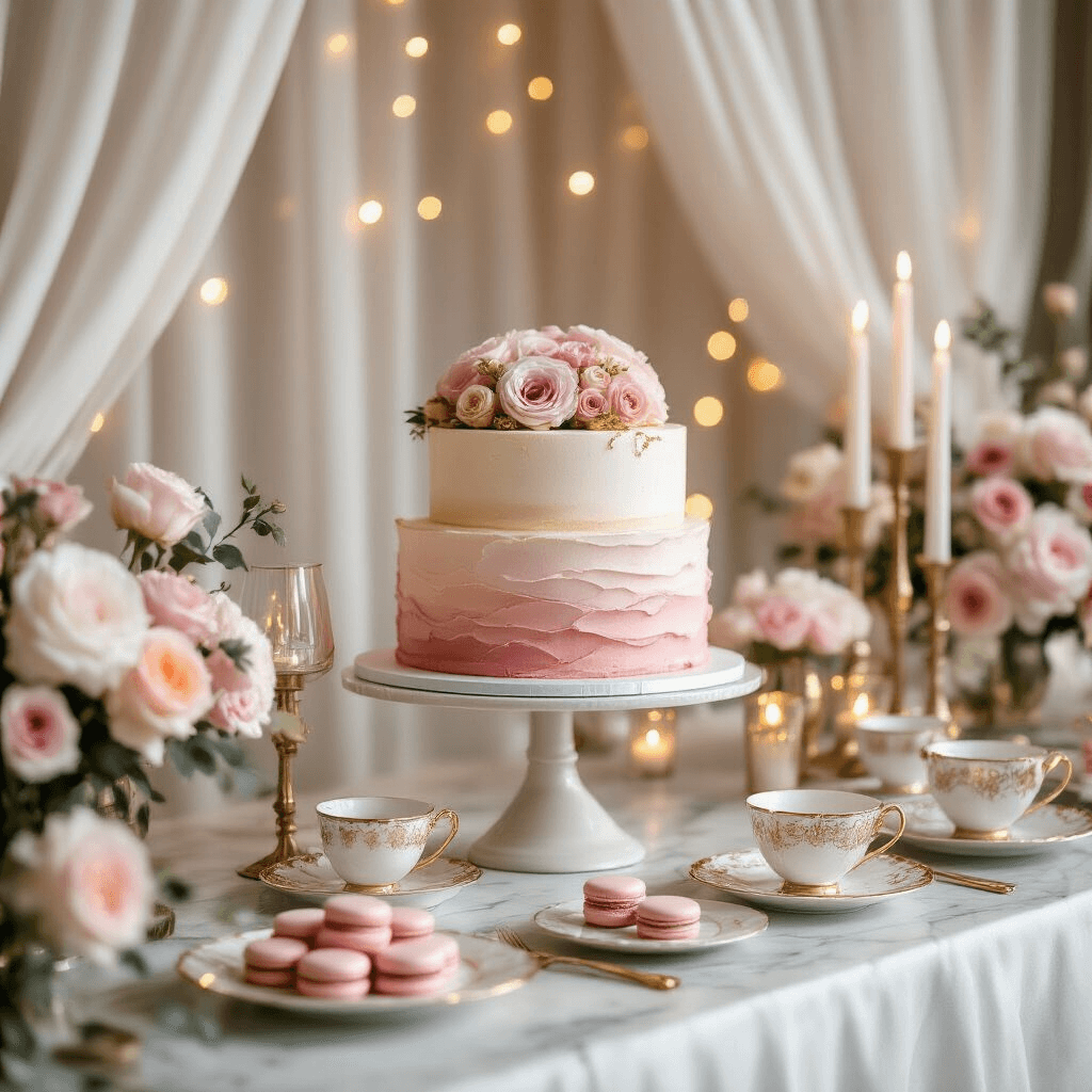 A beautifully arranged dessert table for a sophisticated teen's birthday celebration, featuring an ombré cake, artisanal macarons, floating candles, and fresh pink peonies against sheer white drapery and soft blush and gold tones.