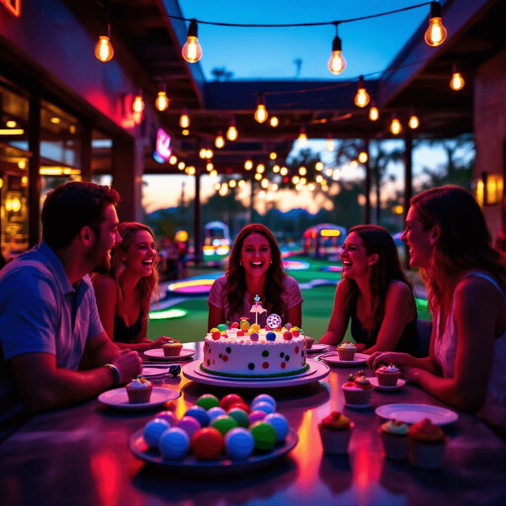 A lively birthday party at a PopStroke-style restaurant at dusk, featuring guests laughing around a central table with a golf-themed cake, vibrant neon signage, modern furnishings, mini-golf obstacles, and strings of Edison bulbs overhead, with colorful golf balls and putters in the foreground, captured with a slower shutter speed to convey energy and movement.