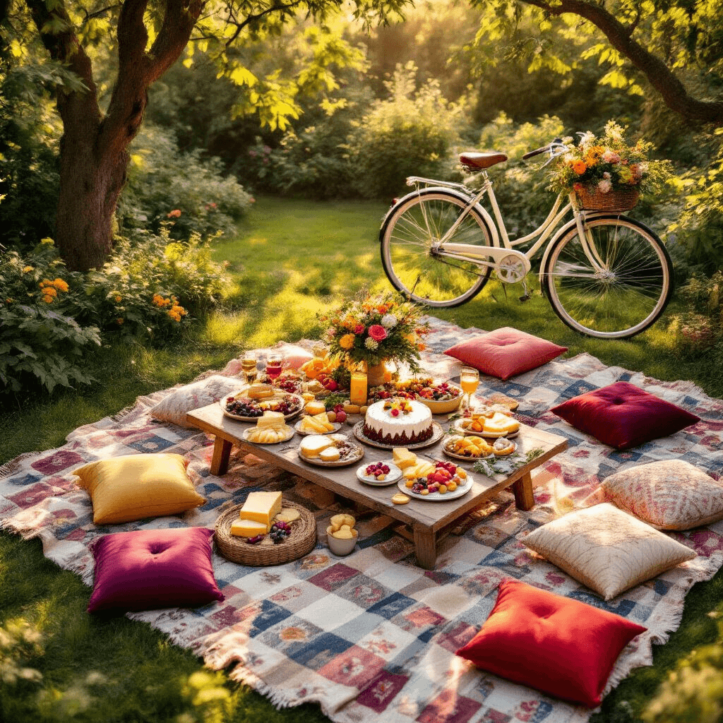 An overhead shot of a vibrant outdoor birthday picnic in a lush garden at golden hour, featuring colorful picnic blankets, a stunning grazing table with artisanal cheeses and a rustic birthday cake, a vintage bicycle with flowers, and jewel-toned cushions, all illuminated by warm, filtering light through the trees.