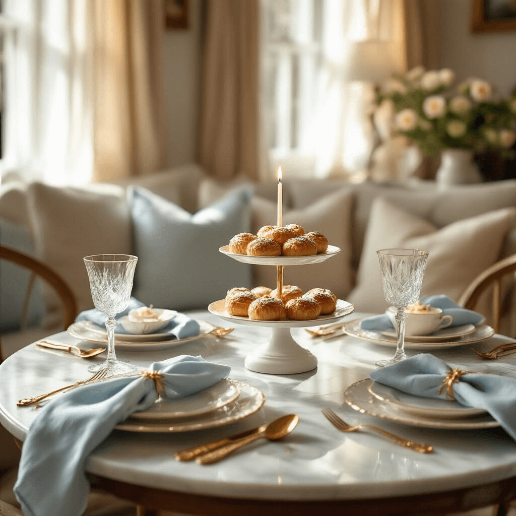 An intimate birthday celebration in a sunlit living room breakfast nook, featuring a marble-topped table set with delicate china, crystal glasses, and gold cutlery, adorned with a tiered stand of pastries and a petite birthday cake with a single candle, complemented by pale blue linen napkins and soft light filtering through sheer curtains.
