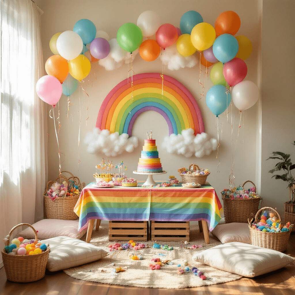 A vibrant children's birthday party in a sunlit living room, featuring a low table with a rainbow-striped tablecloth surrounded by plush cushions, colorful helium balloons, a tissue paper rainbow backdrop, a layered rainbow cake on a wooden crate, and baskets filled with dress-up accessories and party favors.