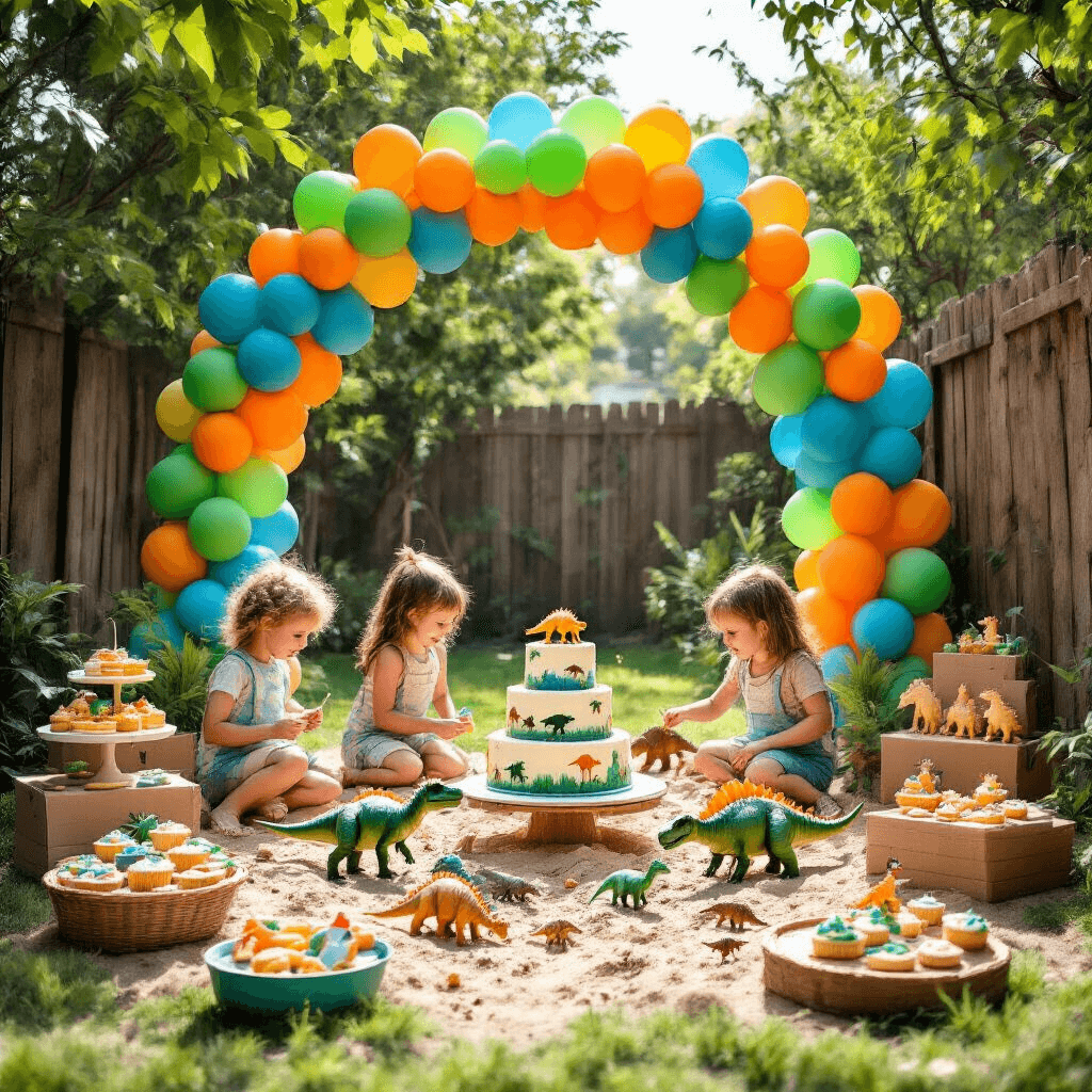A vibrant dinosaur-themed birthday party in a sunlit backyard featuring a balloon arch, children playing in a sandbox, a dessert table with a dinosaur cake, and a 'Pin the Tail on the T-Rex' game.