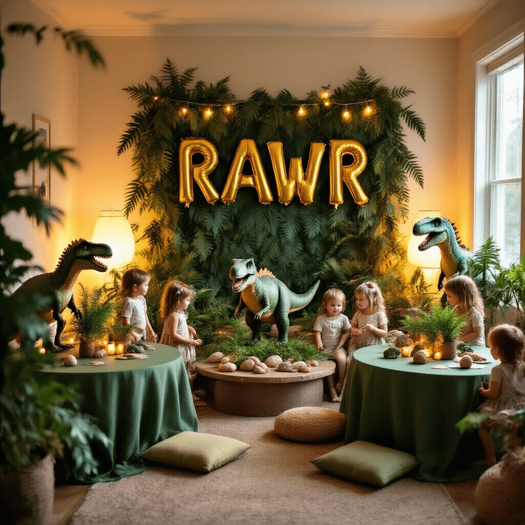 A cozy indoor dinosaur-themed party featuring children in dinosaur costumes, round tables with green linens and dinosaur figurine centerpieces, a playful photo booth with 'RAWR' balloons, fossil-making activities at a low table, and soft lighting from dinosaur-shaped lamps, all under warm late afternoon light.