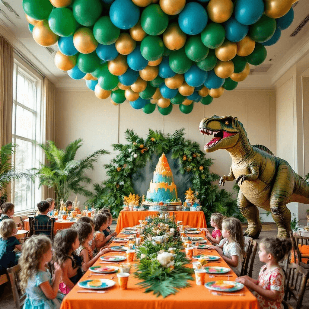A vibrant indoor dinosaur-themed celebration features a grand balloon installation, long tables with orange linens and dinosaur-themed tableware, a life-sized T-Rex cutout beside a volcano cake, and children in costumes on a small stage decorated with tropical foliage.