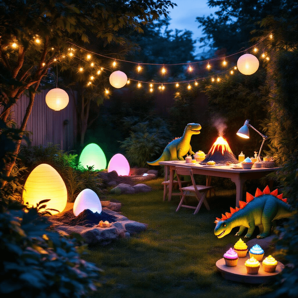 A whimsical twilight scene of a dinosaur-themed party in a backyard, featuring glowing decorations, a 'Dino Egg Hunt' with oversized luminous eggs, a 'Fossil Dig' station with kids brushing for treasures, a dessert area with a volcano cake emitting dry ice 'smoke', and inflatable dinosaurs peeking from the lush greenery, all bathed in soft fairy lights and lanterns.