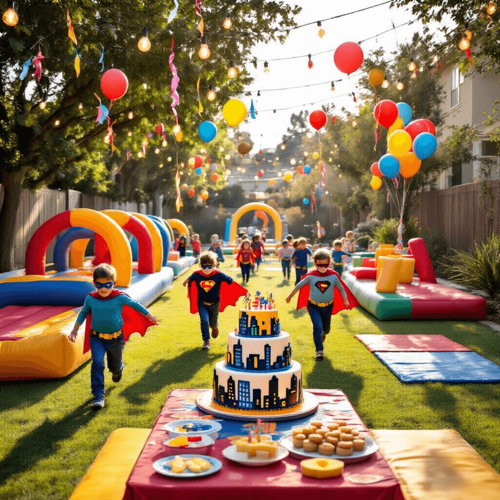 A vibrant superhero-themed birthday party for a 5-year-old in a spacious backyard, featuring an obstacle course with colorful inflatables, children in capes and masks, a cityscape tiered cake on the dessert table, soft turf for safety, and string lights overhead, all illuminated by warm golden hour light.