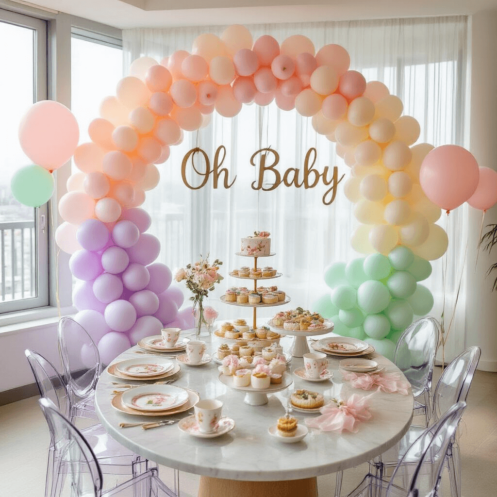 A chic baby shower brunch setting in a modern apartment, featuring a pastel circular balloon arch, a marble dining table with gold-rimmed plates, delicate teacups, a tiered cake stand of petite desserts, and a rose gold 'Oh Baby' sign surrounded by mini balloons.