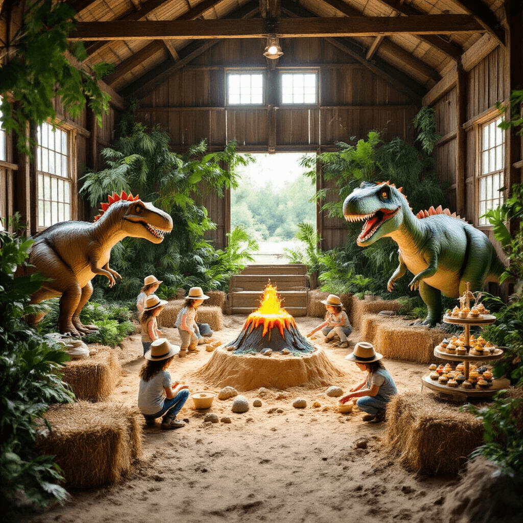 A wide-angle view of a dinosaur-themed birthday celebration in a rustic barn, featuring oversized paper mache dinosaurs, a sandbox excavation site with children digging for fossils, hay bale seating for parents, a dessert cart with dinosaur-themed cupcakes and a volcano cake, and soft lighting creating a magical atmosphere.