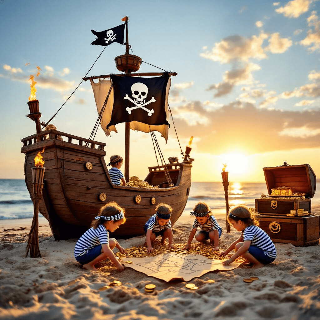A whimsical pirate-themed birthday party on a beach at golden hour, featuring children in striped shirts and bandanas engaging in a treasure hunt by a handcrafted wooden ship with a Jolly Roger flag. Tiki torches and lanterns illuminate a dessert table styled like a treasure chest, while excited children dig for buried treasure in the sand, with the shimmering ocean in the background.