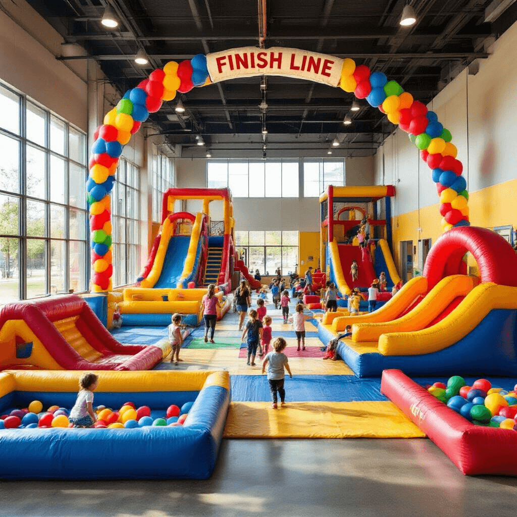 A vibrant indoor obstacle adventure park featuring inflatable slides, tunnels, climbing walls, and colorful foam pits, filled with children playing and parents chatting at bistro tables, bathed in natural light from large windows.