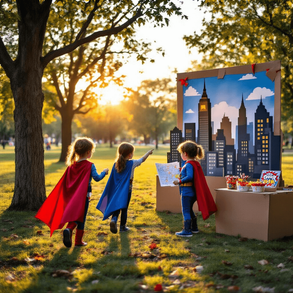 A vibrant park scene at golden hour featuring kids in superhero costumes participating in a scavenger hunt, dashing between trees while searching for clues tied with red and blue ribbons. A handmade cityscape backdrop made of cardboard skyscrapers acts as home base. Children confer over a map with capes fluttering in the warm light, while themed snack stations offer comic book-inspired 'power-up' treats. The composition captures the park as an urban adventure playground, with long shadows adding drama to the festivities.