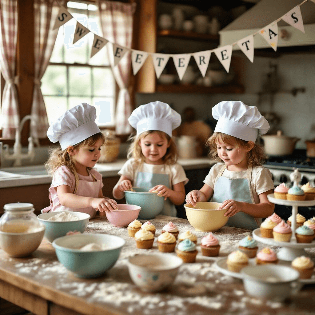 A cozy farmhouse kitchen during a whimsical baking party, with children in chef hats decorating cupcakes, colorful baking tools, and a tiered stand of finished treats under 'SWEET TREATS' bunting, illuminated by soft morning light.