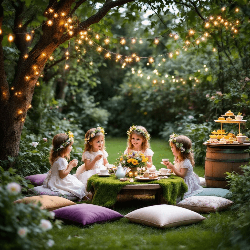 An enchanting garden party at dusk, featuring fairy lights strung between trees, low tables with moss runners and wildflower arrangements, jewel-toned silk cushions, a dessert cart with woodland-themed treats, children in flower crowns sipping tea, and a wishing well made from a barrel, all bathed in a magical glow amid lush greenery.