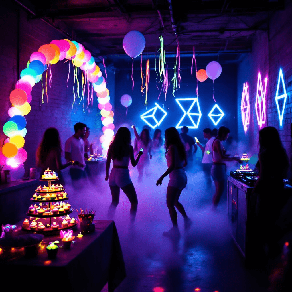 A vibrant glow-in-the-dark party in a dim basement, featuring fluorescent decorations like balloon arches and neon streamers. Teens in white clothing dance amidst swirling fog, illuminated by glow sticks, as a DJ booth pulses with colorful LED lights. A dessert table displays glowing cupcakes and a tiered birthday cake with light-up decorations. The scene is captured from a low angle, highlighting the energetic atmosphere, silhouettes of partygoers, and the striking contrast between darkness and vivid colors.