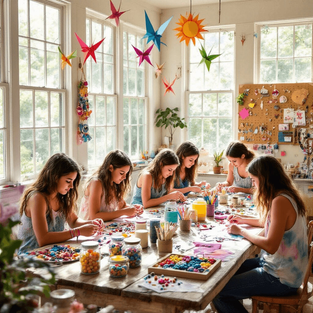 A vibrant sunroom scene filled with teens engaged in various crafts, including jewelry making, candle crafting, and tie-dye, surrounded by colorful supplies and hanging origami garlands, all illuminated by natural light streaming through large windows.