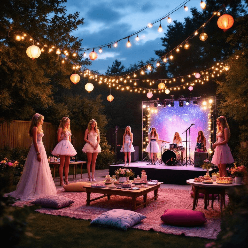A wide shot of a Taylor Swift-themed backyard celebration at dusk, featuring fairy lights and lanterns overhead, multiple 'era' costume stations, a sparkling karaoke stage, friendship bracelet making at low tables with cushions, and a towering cake resembling album covers, all set in a magical twilight atmosphere with excited guests.