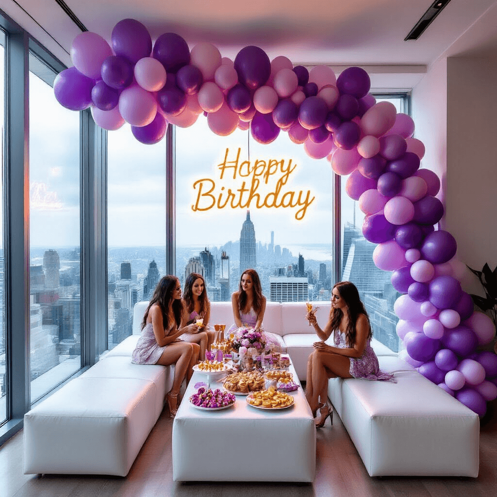 A high-angle view of a modern birthday celebration in a stylish apartment, featuring an ombré purple balloon installation, a custom neon sign, modular white leather seating, a table of colorful snacks and mocktails, and a flower wall with the birthday girl's name in gold script, as teens pose for selfies with props and ring lights against a backdrop of stunning city views through floor-to-ceiling windows.
