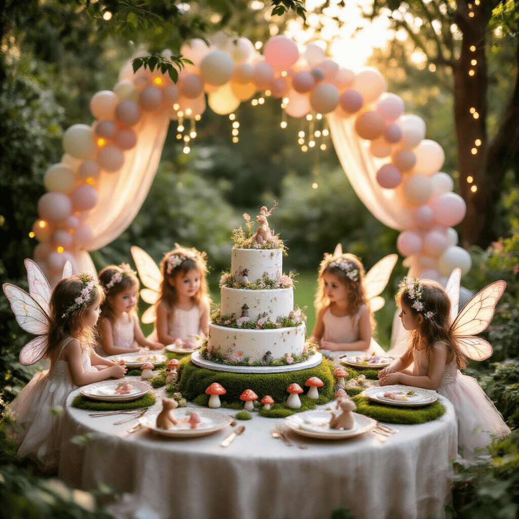 A whimsical fairy garden birthday party in a lush backyard at golden hour, featuring twinkling fairy lights, pastel balloon arches, round tables with moss runners and floral centerpieces, and young guests in shimmering wings around an ornate tiered cake adorned with edible flowers and miniature toadstools, all softly focused with sunlight filtering through drapes from tree branches.