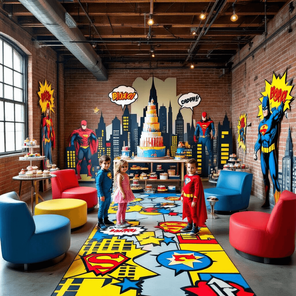 Aerial view of a vibrant Superhero Adventure party in a warehouse, showcasing colorful comic book floor decals, modern furniture, hero cutouts on brick walls, and a dessert table with a skyline cake and themed treats. Costumed children pose with cardboard cityscapes and speech bubbles for photos.