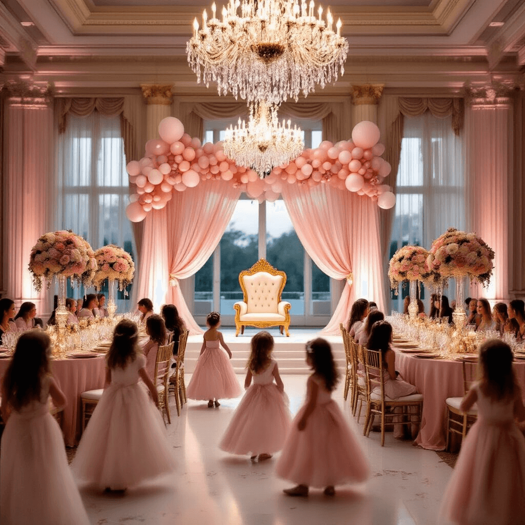 An opulent ballroom filled with young guests in tiaras and gowns dancing joyfully, illuminated by warm light from crystal chandeliers. Long tables draped in blush pink silk feature gold-rimmed place settings and tall floral arrangements. A throne-like chair stands prominently, surrounded by tulle-draped columns and cascading pastel balloon garlands.