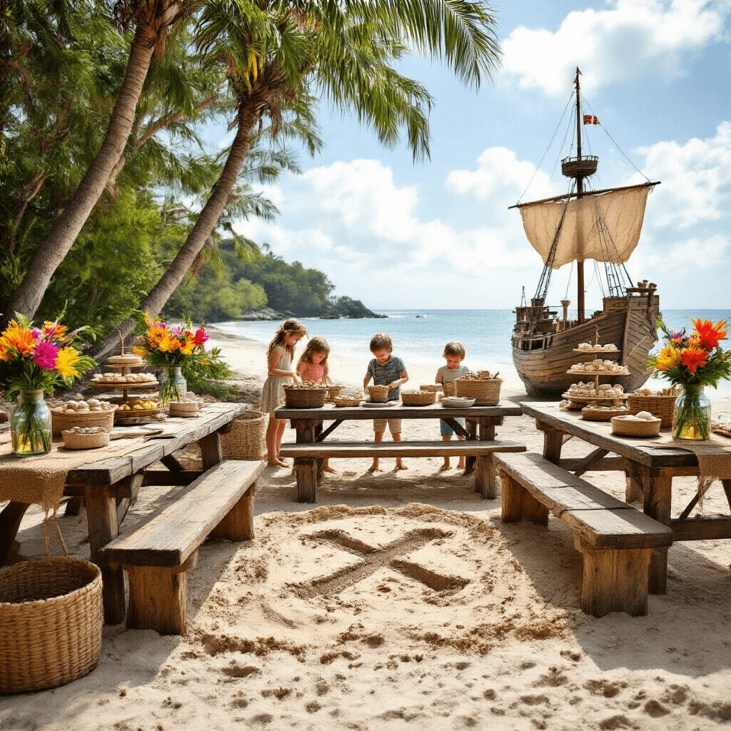 A charming pirate treasure hunt party on a sandy beach, featuring weathered wooden tables with burlap runners, a central sand sculpture marked with 'X', vibrant tropical flowers in glass bottles, and a dessert station styled like a ship's galley. Children eagerly dig for buried treasure in a designated area, showcasing their excitement.