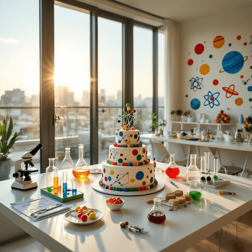 A vibrant science-themed party in a modern apartment, featuring colorful decals of atoms and planets, hands-on experiment stations with lab equipment, a centerpiece periodic table cake, and molecule-shaped cake pops, all illuminated by late afternoon sunlight.