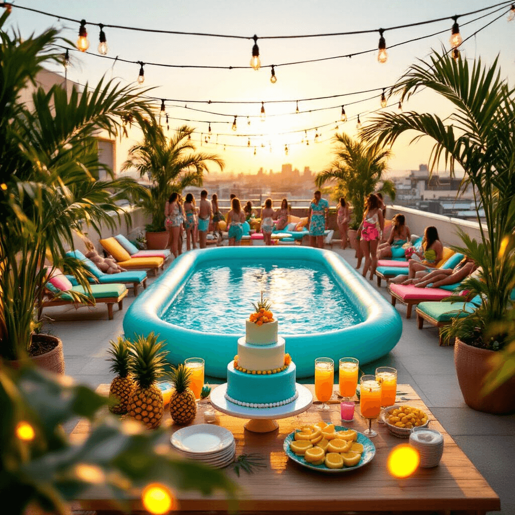 A vibrant rooftop terrace adorned with a turquoise inflatable pool, lush palm trees, and colorful lounge chairs, featuring a stunning dessert table with an ombré blue cake and tropical treats, all illuminated by warm fairy lights during golden hour.