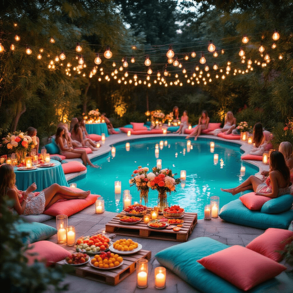 Intimate dusk backyard pool party with floating candles, lanterns, and a wooden pallet of fruits. Round tables with aqua linens and coral flower centerpieces surround the pool, while guests relax on plush daybeds and pillows in coral and teal. Soft bokeh effect enhances the dreamy ambiance.