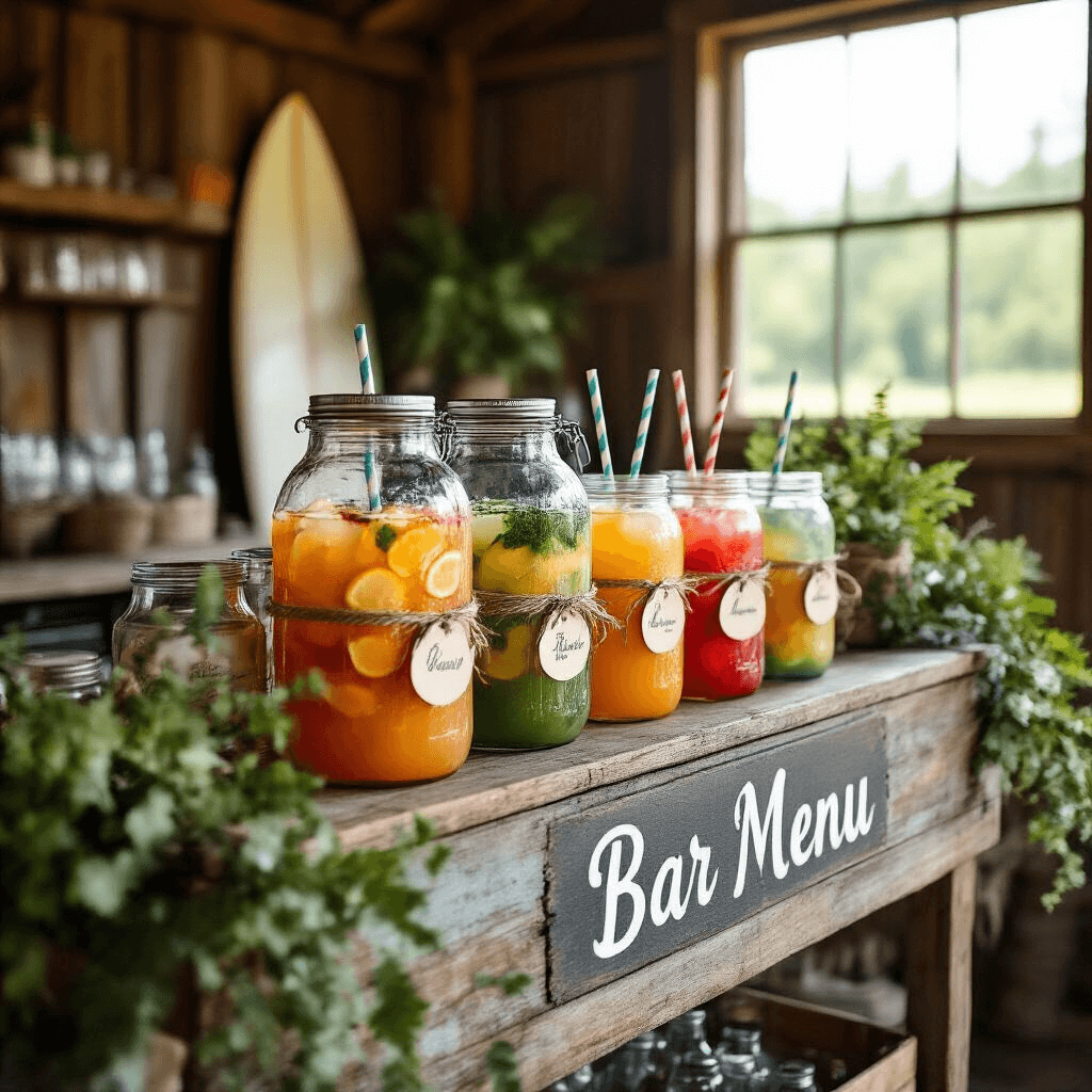 Close-up of a rustic-chic drink station at a barn pool party, featuring a weathered wooden bar cart with colorful fruit-infused waters in glass dispensers, mason jars with striped straws and name tags, a vintage surfboard as a bar menu sign, and lush greenery accentuating the scene.