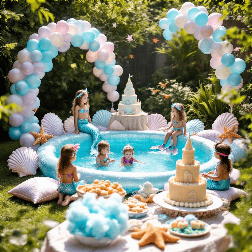 A whimsical children's pool party featuring a 'mermaid lagoon' kiddie pool surrounded by seashell balloons and starfish cushions, with a dessert table adorned with a sandcastle cake, seaweed treats, and cotton candy, as children in mermaid tails and pirate costumes enjoy lawn games, and a bubble machine creates a magical atmosphere.