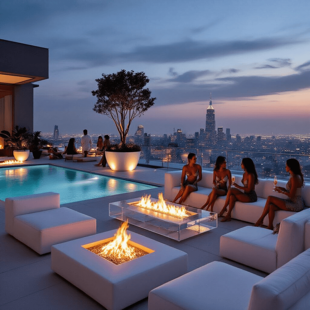 Luxe minimalist adult pool party on a modern apartment terrace at twilight, featuring a sleek infinity pool, low white seating around fire pits, a floating acrylic bar, and guests in elegant resort wear with a city skyline backdrop.