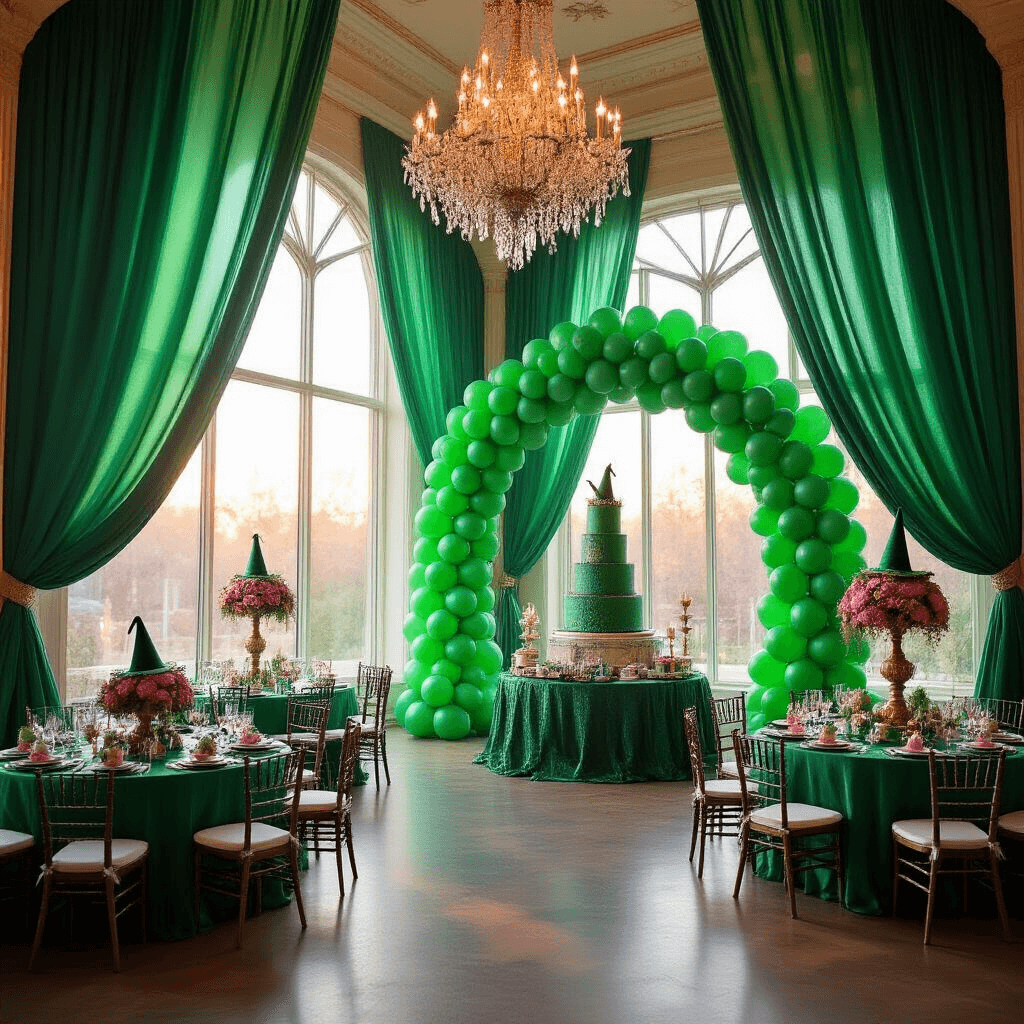 A grand ballroom transformed into the Emerald City for a Wicked-themed birthday party, featuring emerald drapes, witch hat centerpieces, a green balloon arch, fairy lights, and an ornate dessert table with an emerald cake and themed treats.