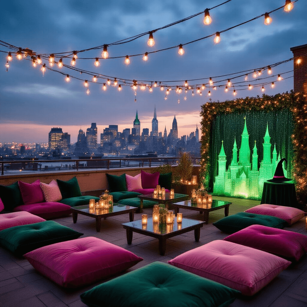 An enchanting rooftop terrace at twilight, adorned with string lights overhead, plush velvet cushions in emerald and blush, miniature Emerald City centerpieces, and a green sequin photo booth setup, with a twinkling city skyline in the background.