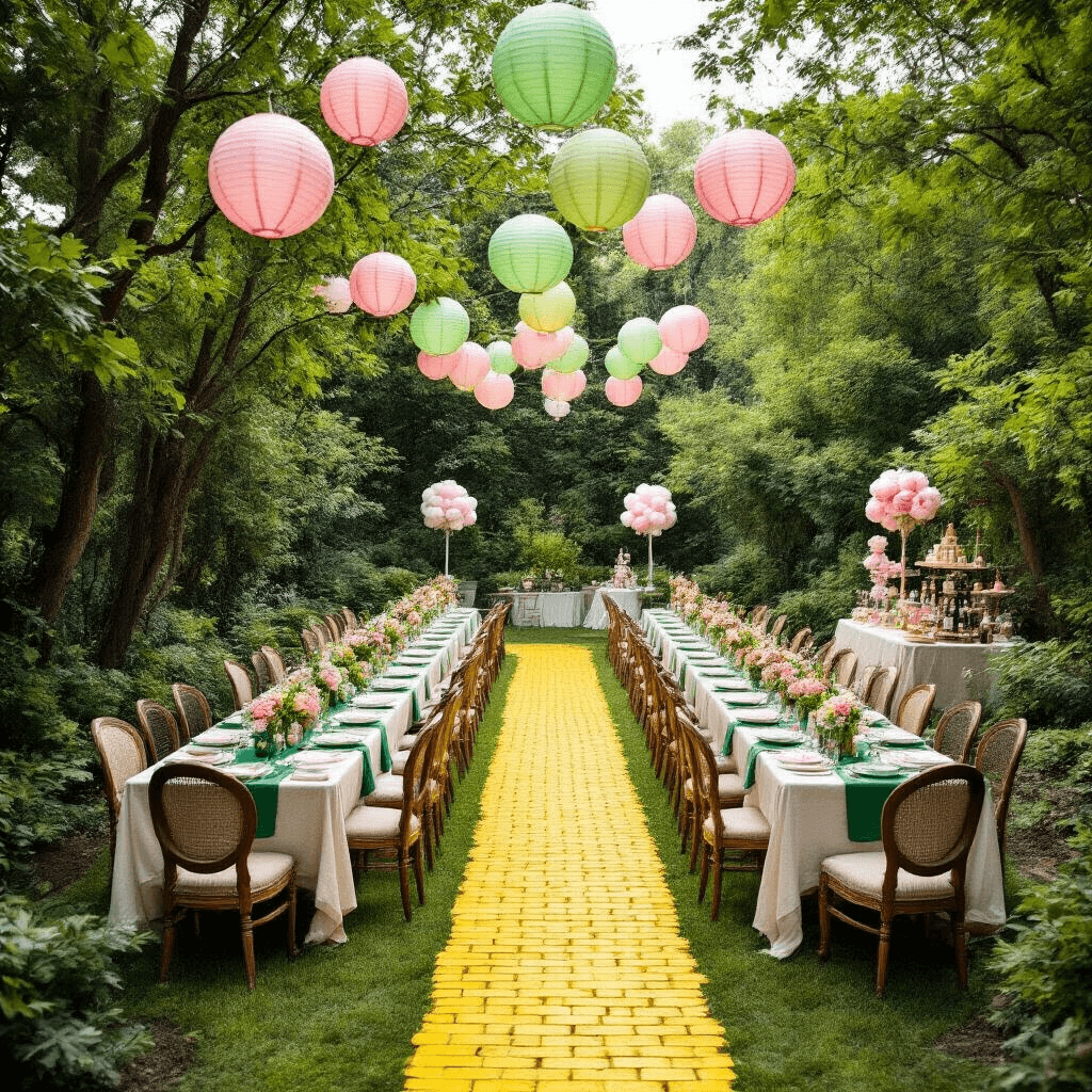 A whimsical garden party inspired by the Land of Oz, featuring lush greenery, long farmhouse tables with ivory linens and emerald runners, mismatched vintage chairs with pink flower posies, paper lanterns, a golden sequin 'Yellow Brick Road', and activity stations like a cotton candy stand and a potion drink bar, captured in a drone shot.