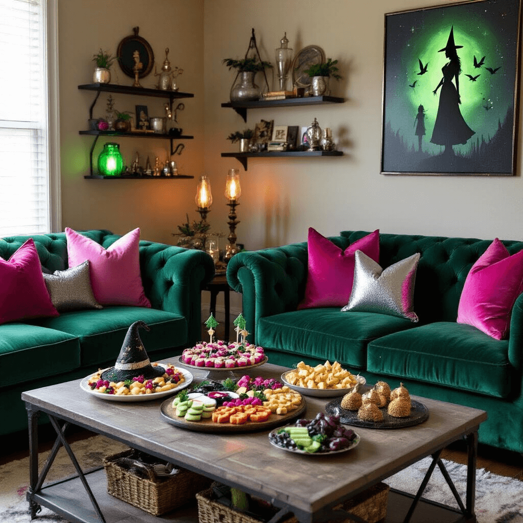 A cozy living room featuring emerald green velvet couches with pink and silver throw pillows, a 'Defying Gravity' themed charcuterie board, Emerald City-inspired artwork, and soft green Edison bulb lighting, all set for an intimate Wicked viewing party.