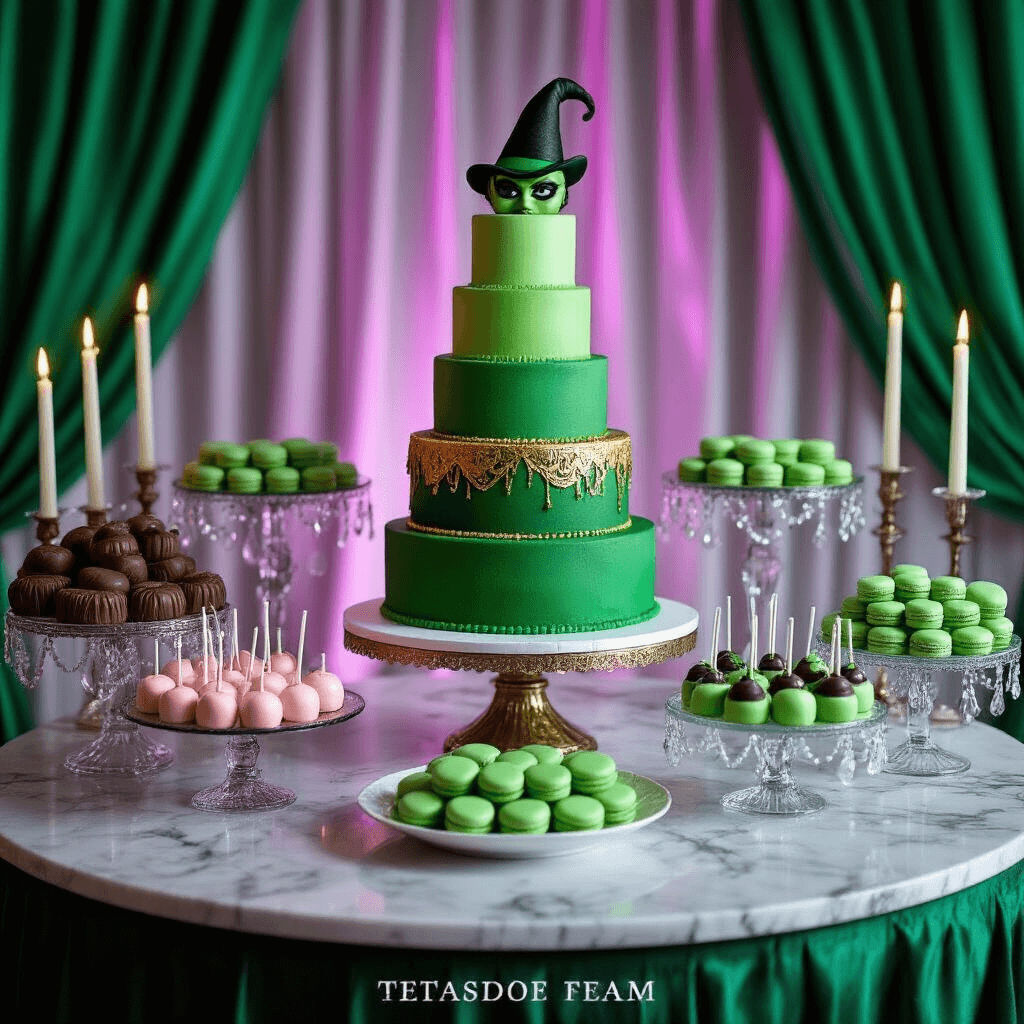 A close-up of a dramatic dessert table featuring a towering emerald and gold ombré cake at the center, surrounded by themed treats like chocolate mousses shaped like Elphaba's hat, cake pops resembling Glinda's wand, and swirled green and pink macarons. Crystal cake stands of varying heights enhance the luxurious display, with a backdrop of cascading green fabric and flickering green flame candles adding an enchanting ambiance.