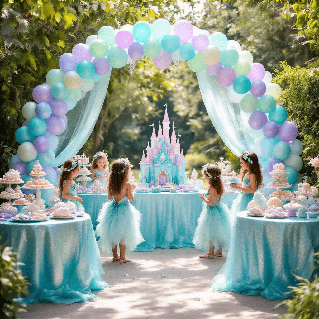 Magical Mermaid Birthday Party: Your Ultimate Guide to an Underwater Celebration A whimsical mermaid-themed birthday party in a sunlit garden with an iridescent balloon arch, pastel blue and purple decor, shimmering aqua table linens, a dessert table featuring an underwater castle cake, sea creature treats, tulle 'seaweed' decorations, and children in mermaid costumes playing near a treasure chest gift table.