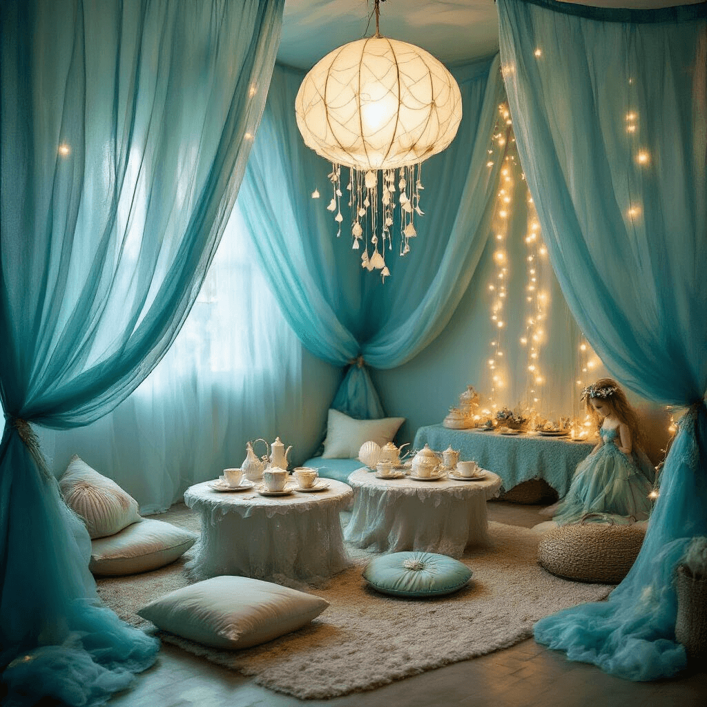 Magical Mermaid Birthday Party: Your Ultimate Guide to an Underwater Celebration A cozy underwater-themed living room adorned with blue and green draperies, fairy lights, and low tables set for a whimsical mermaid tea party, complete with pearlescent teacups and a DIY jellyfish chandelier. A dress-up station with mermaid tails and seashell crowns adds to the magical ambiance.