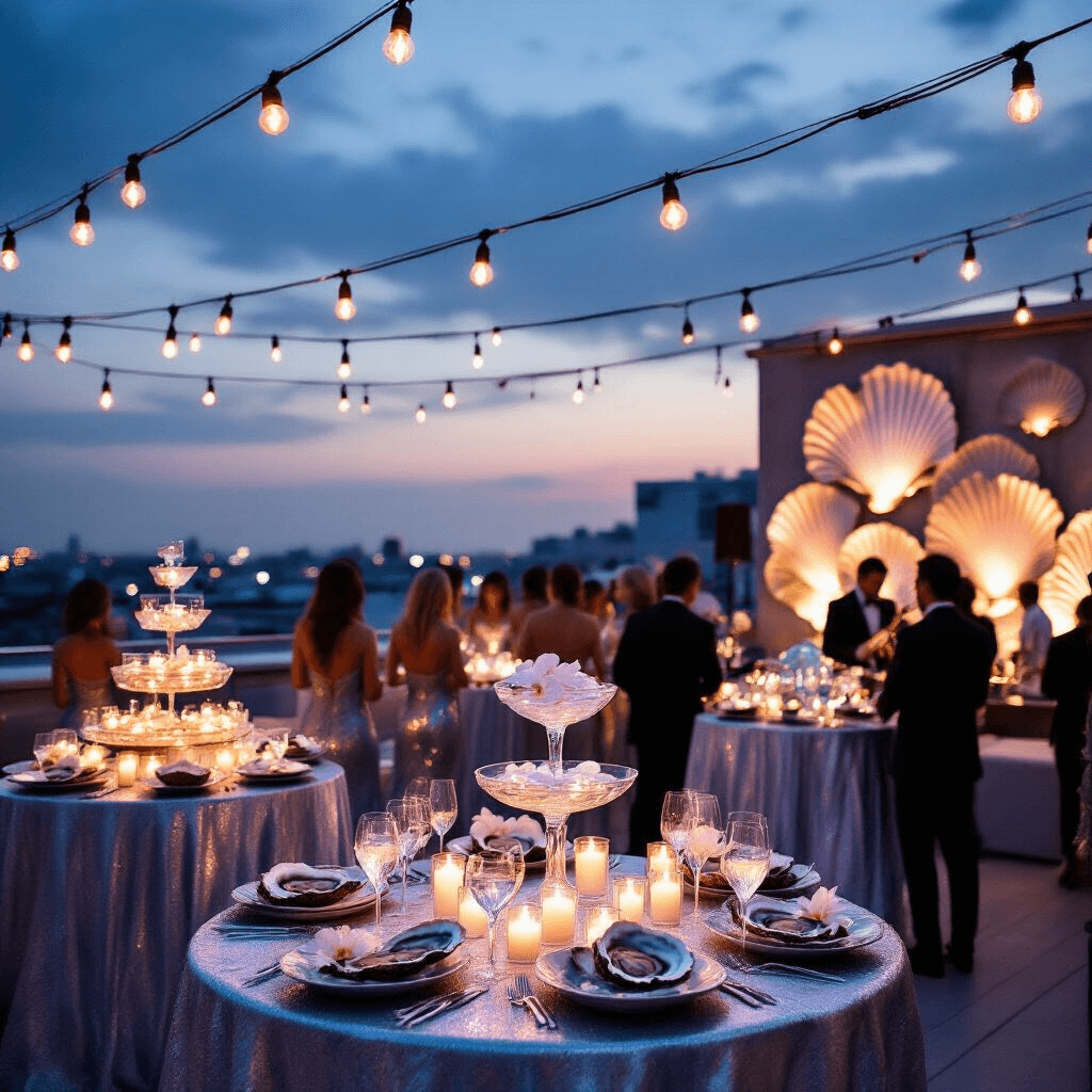 Magical Mermaid Birthday Party: Your Ultimate Guide to an Underwater Celebration An elegant rooftop terrace transformed into a sophisticated mermaid soiree, featuring illuminated market lights, high cocktail tables with silver linens, floating candles and orchids, a raw bar with oysters and pearls, guests in ocean-inspired attire, a champagne tower, and a live band near oversized seashells in a moody, low-light setting.
