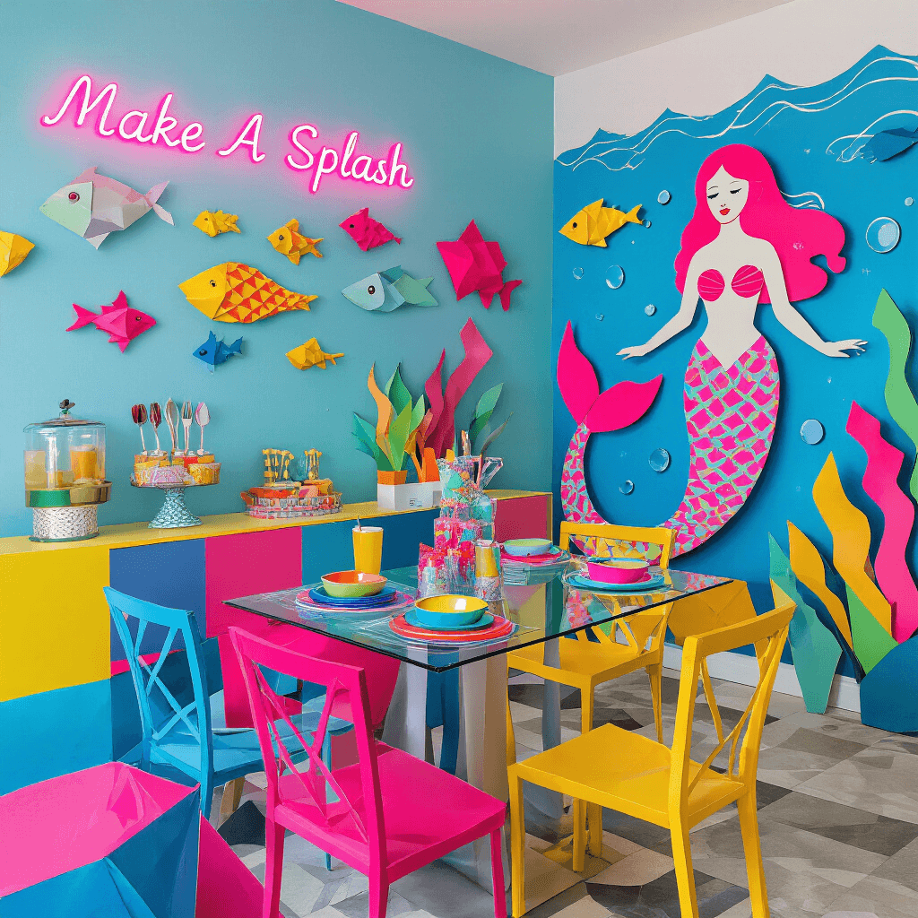 Magical Mermaid Birthday Party: Your Ultimate Guide to an Underwater Celebration A vibrant pop art-inspired mermaid-themed apartment with bright colors, featuring a large mermaid illustration, geometric patterns, mismatched colorful chairs, a bubble tea station, and a neon 'Make A Splash' sign, presented in a flat lay style.