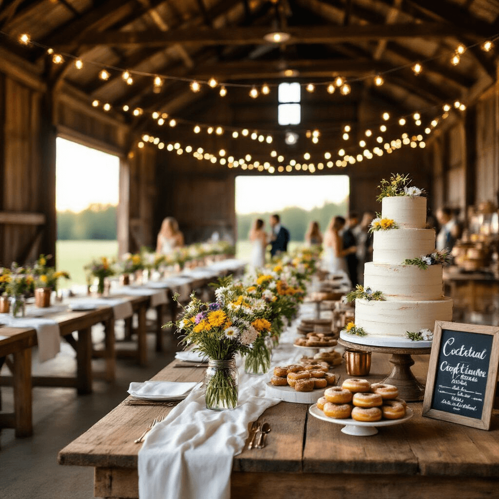 A beautifully decorated rustic barn for a birthday celebration, featuring elegant wooden tables with white linens, wildflower centerpieces, string lights, a dessert station with a naked cake and donuts, and a DIY cocktail bar amidst charming burlap and chalkboard accents, all bathed in soft golden hour light.